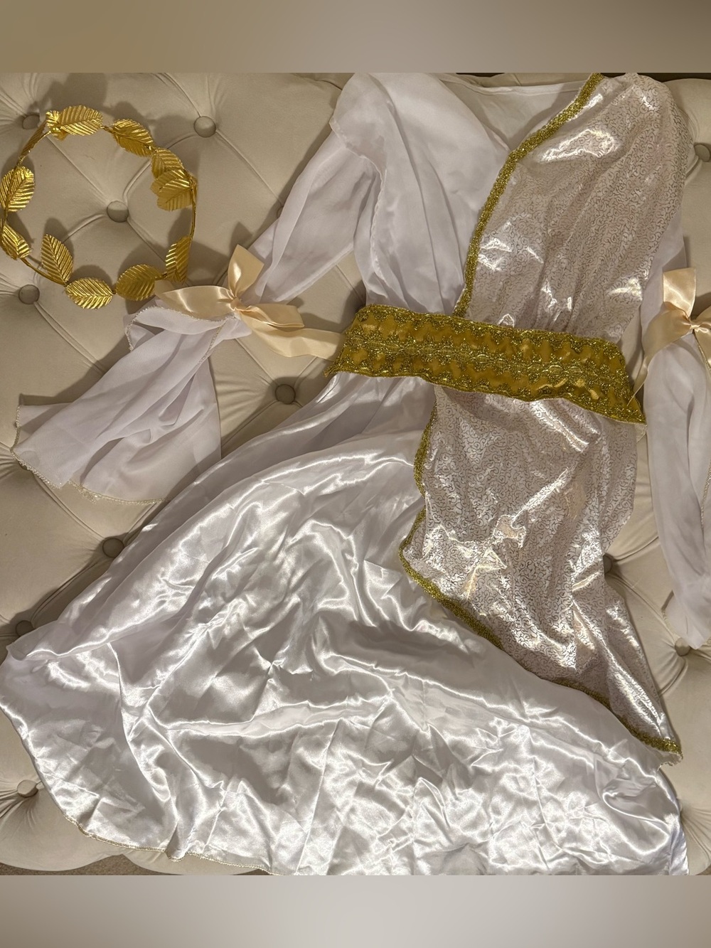 Girls’ Greek Goddess Grecian Roman Toga Costume & Gold Leaf Headpiece Large 8-10